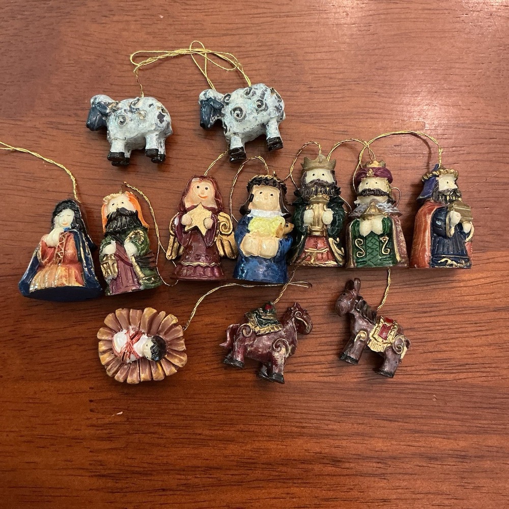 Vintage Mini Nativity Scene Christmas Ornaments Holy Family Animals Hand Painted